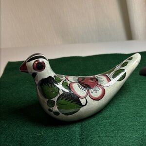 Hand-Painted Ceramic Bird Toy in Green and Pink